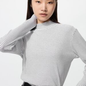 Uniqlo Official | Т-образная резинка с высоким воротником/длинный рукав/бордюр (ユニクロ公式 | リブハイネックT/長袖/ボーダー)