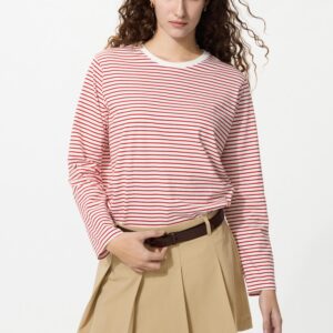 Uniqlo Official | Мягкий хлопчатобумажный круглый подол, футболка с длинным рукавом/бордюр (ユニクロ公式 | ソフトコットンラウンドヘムT/長袖/ボーダー)